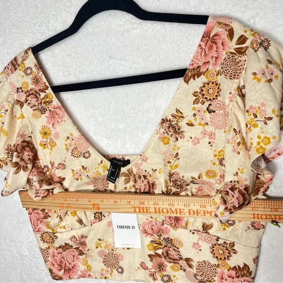 FOREVER 21 Floral Linen Blend Crop Top | Cream Pink | Size L | NWT - Picture 8 of 10